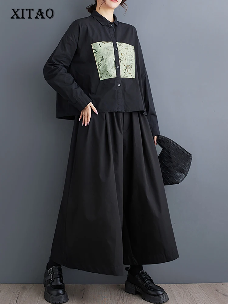 

XITAO Casual Solid Color Patchwork Single Breasted Women Blouse Turn-down Collar New 2024 Autumn Loose Female Shirt GMM1099
