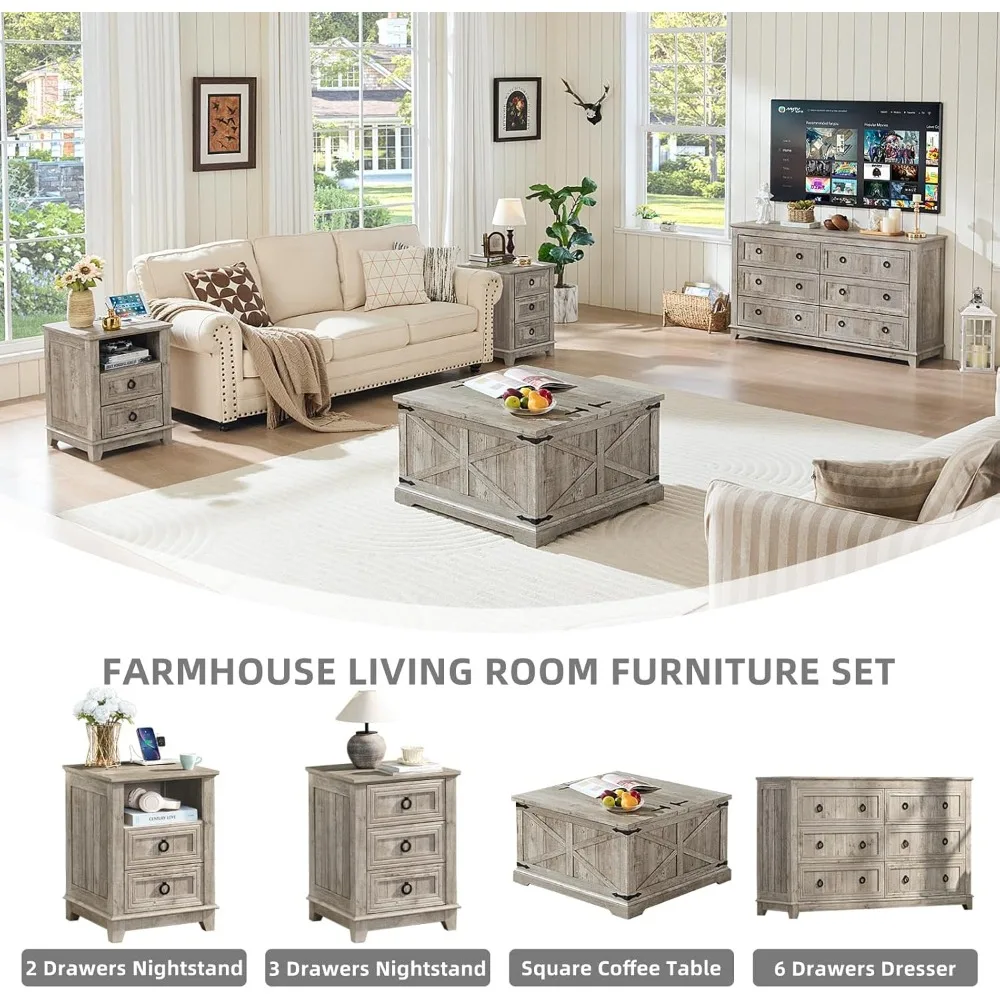 Farmhouse Coffee Table with Large Hidden Storage Compartment, Light Oak Square Center Table, Wood Rustic Low Modern Living Room