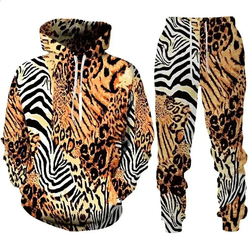 레오파드 3D 프린트 후드티 바지 세트 남성 캐주얼 스웨트셔츠 후드티 스웨트팬츠 스포츠웨어 투피스 수트 트랙수트 남성 의류