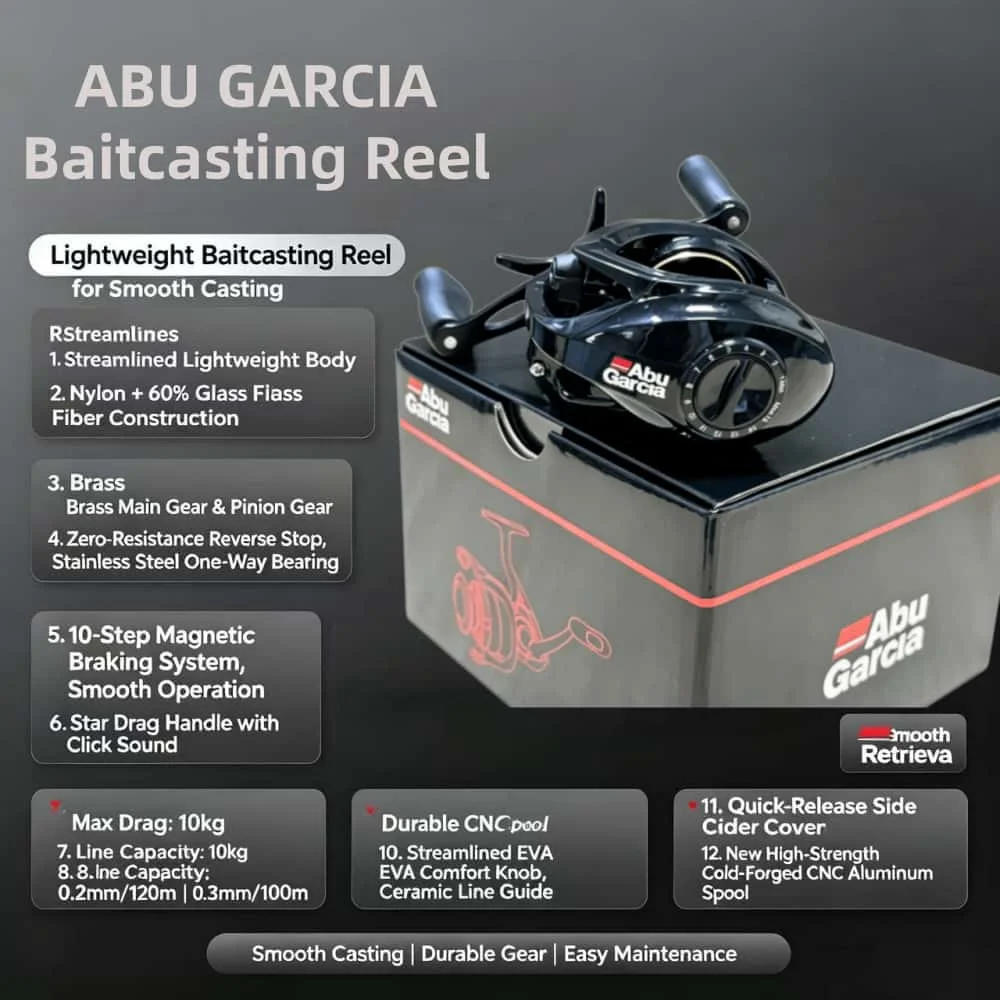 Neue Abu Garcia Baitcasting-Angelrolle, Übersetzungsverhältnis 7,1:1, 10 kg maximale Bremskraft, magnetisches Bremssystem, ultraleichter Nylon-Fiberglas-Körper – Detail 1