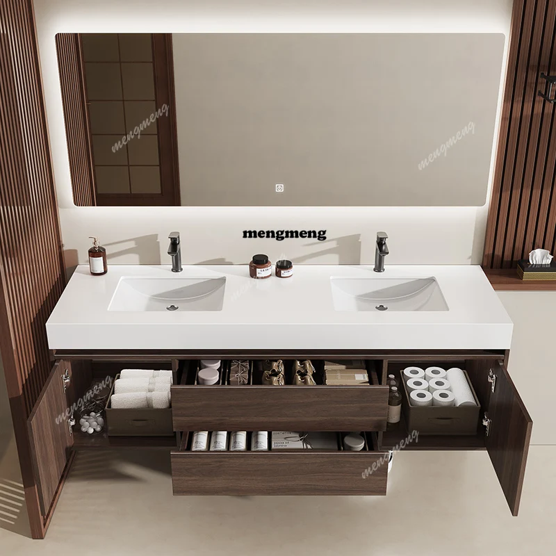 

Simple medieval rock slab double basin bathroom cabinet combination bathroom bone line washstand washbasin basin cabinet set