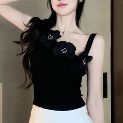 Summer Solid Color Sweater Knitted Thin Camisole Tie Flowers Off-the-shoulder Sleeveless Screw Thread T-shirt Sexy Women's Tops