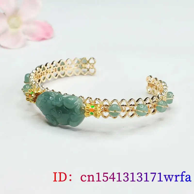 Blue Myanmar Jadeite Flower Pixiu Bracelet Gifts 18K Gold Plated Natural Burmese Jade Designer Real Jewelry Men Accessories