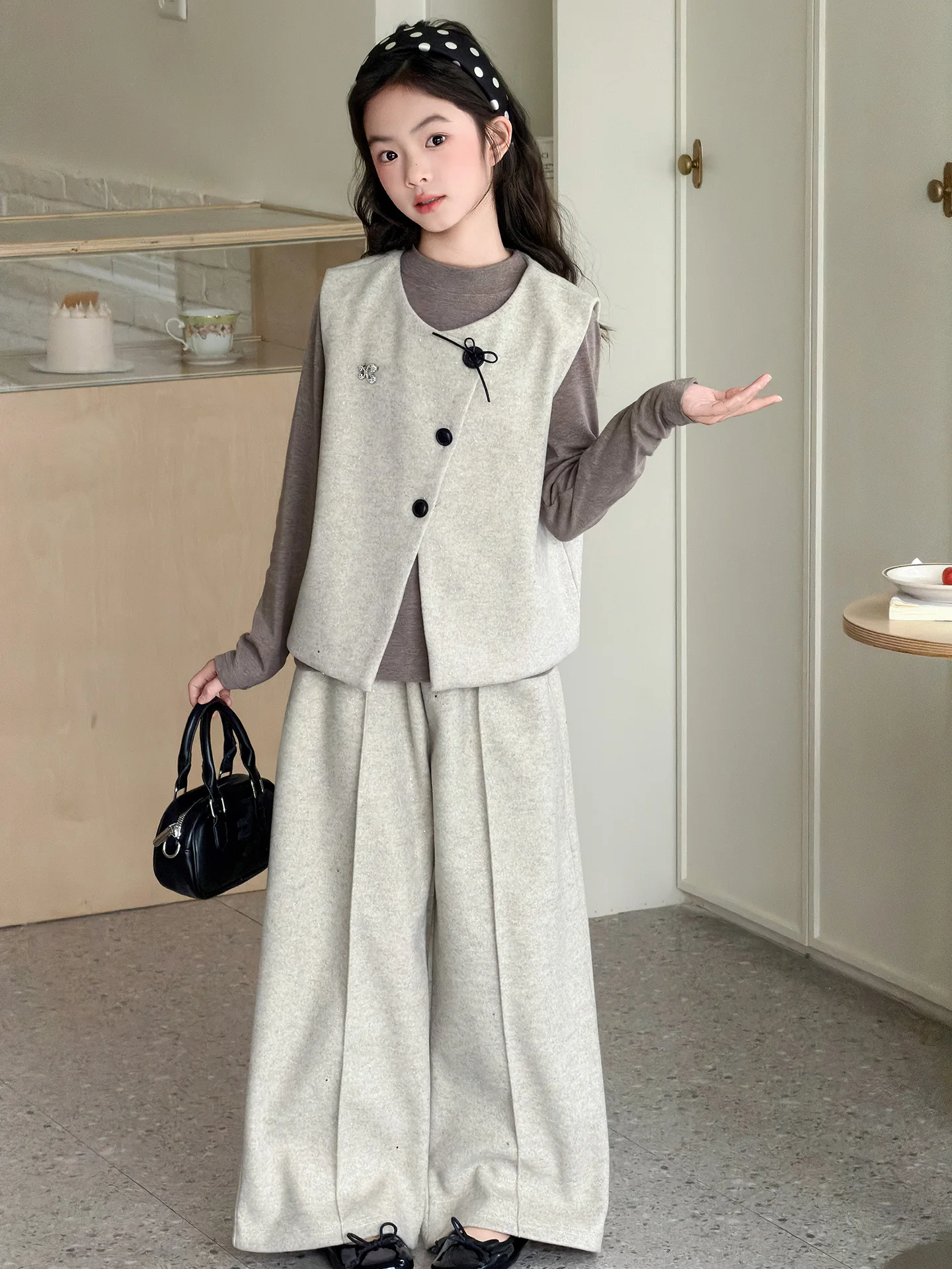 

Spring Casual Children's Faion Set Girls' Wide Leg Pants Vest Tee Piece Suite Breathable Long Sve Pure Color Clothes