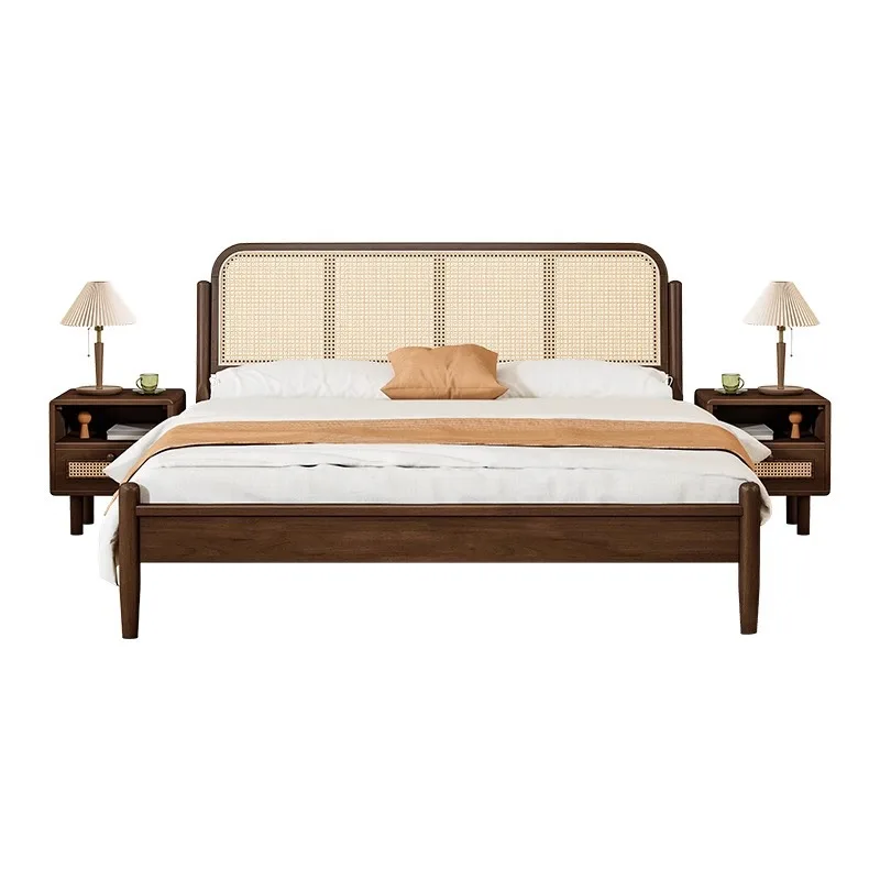 

Rattan , Nordic solid wood bed, modern simple walnut 1.8m, 1.5 double bed, wabi-sabi, Japanese style retro