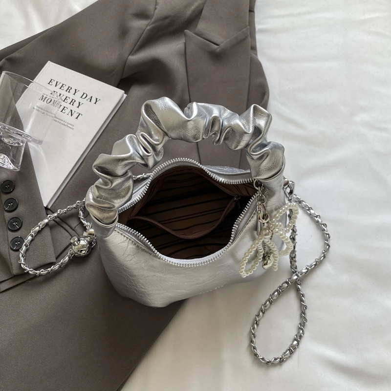 2024 Y2K New Underarm Bags for Women Pleated Handle Design Ladies Pearl Bow Handbag Adjustable Strap Shoulder Crossbody Bag