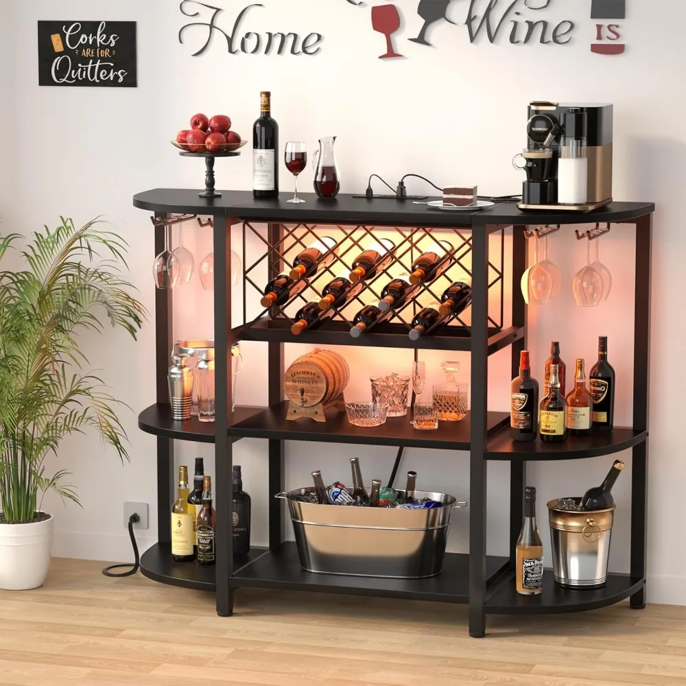 4-Tier Metal Coffee Bar Cabinet with Outlet and LED Light, Freestanding Floor Bar Table for Liquor with Glass Holder Storage,