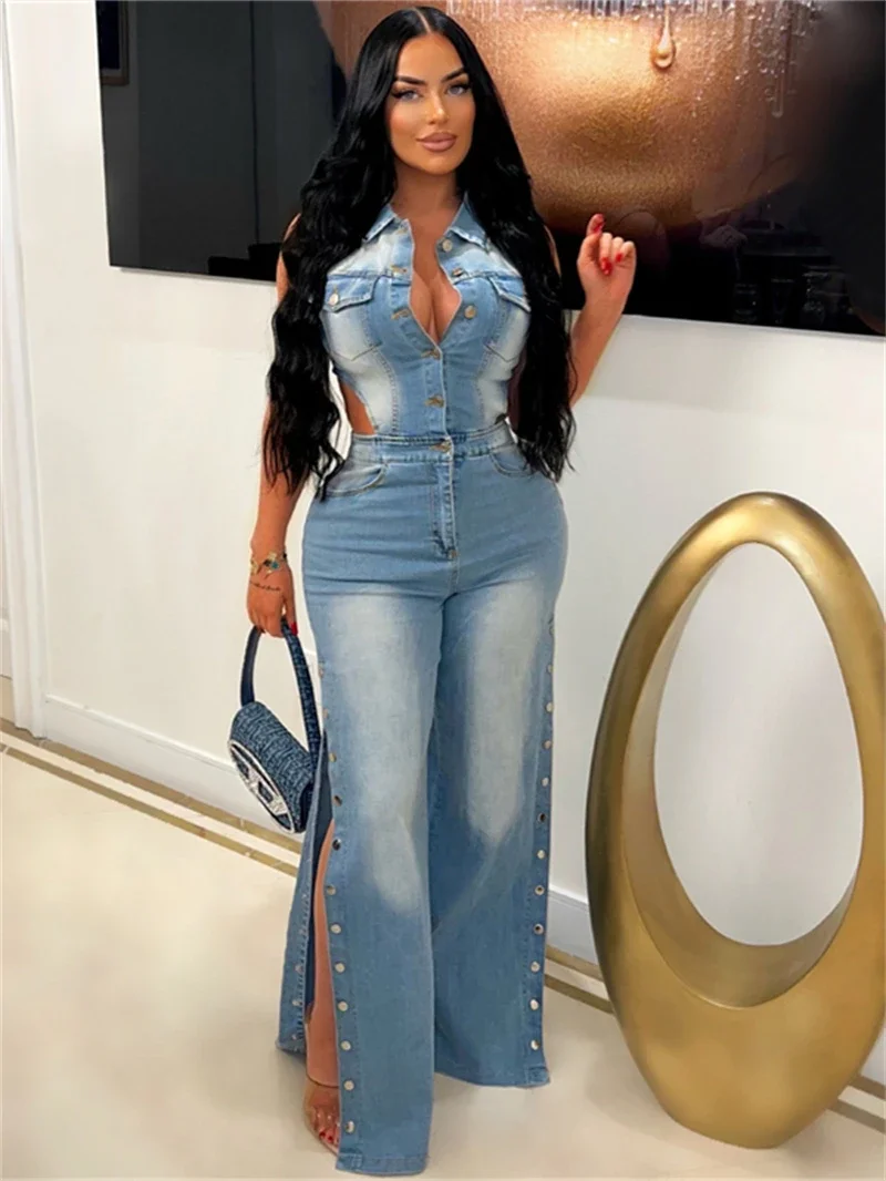 

Fashion Jeans Jumpsuit Fall Clothes 2024 Women Side Button Straight Leg Pants Denim Rompers Playsuits One Pieces Overalls Outfit