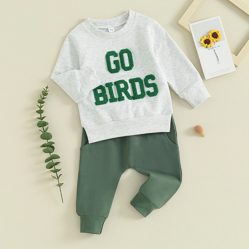 

Casual Toddler Boys 2PCS Outfit Sets Long Sleeve Letter Embroidery Pullover Sweatshirt Green Drawstring Pants Sets Boys Clothing