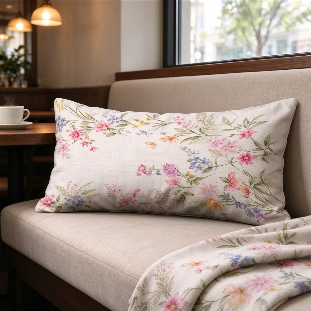 Blush Pink Soft Bloom Print Long Pillow Cover, Soft Style, Cafe Decorative, Polyester, Room Decor, Convenient, Home Accent