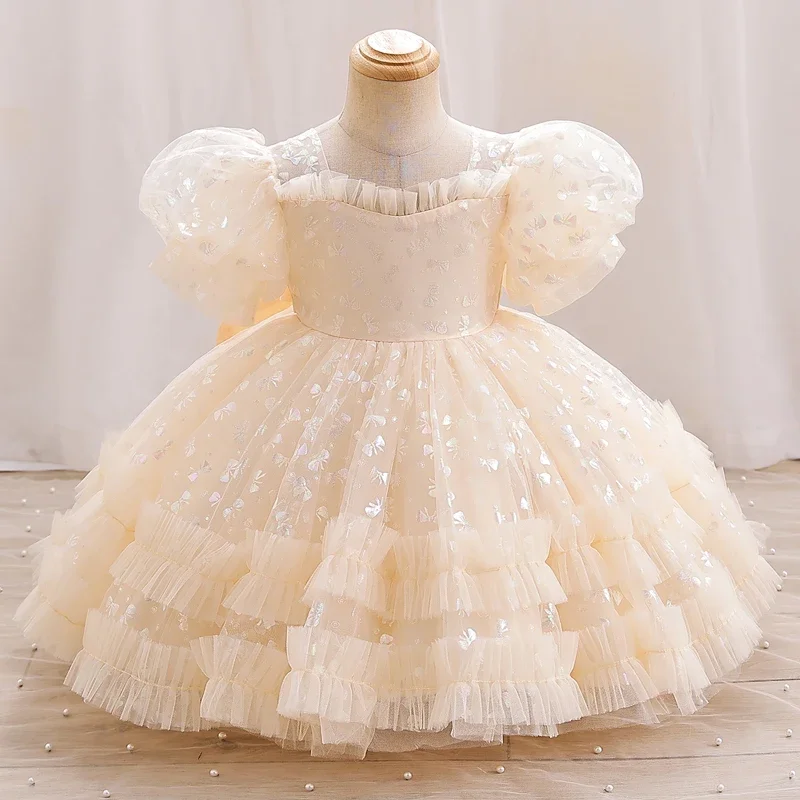 Children's evening dress Princess style Puffed sleeve mesh pommel dress Champagne dinner dress #1806