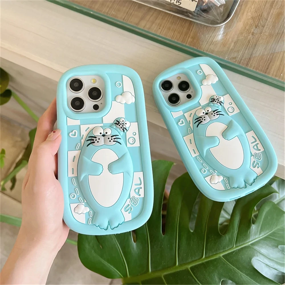 Cute Cartoon Animal 3D Seal Creative Phone Case For iphone 15 14 13 12 ProMax Shockproof Bumper Soft Silicone bubble Phone Cover