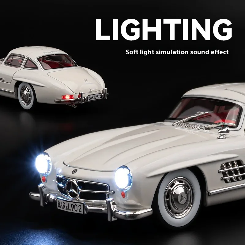 メルセデスベンツ300sl-子供用ダイキャストカーモデル,合金,音と光,おもちゃのギフトボックス,クラシックな誕生日プレゼント,1:24