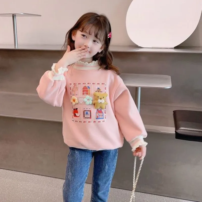 

Girls' Winter 2025 New Arrival Stylish Fleece-Lined Thickened Warm Ruffled Half-Collar Crewneck Sweatshirt