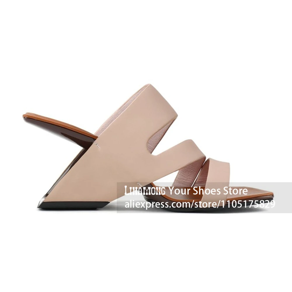 Nude Beige Sculptural Irregular Heel Slippers Minimalist Double Strap Open Toe Wedge Mule Sandals Commuter Style Geometric Heels