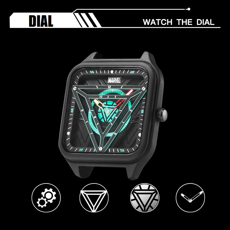 Marvel For Mens Watch Iron Man Rectangle Quartz Wristwatch Avengers Arc Reactor Dial Male Casual Clock Coated Glass Montre Homme