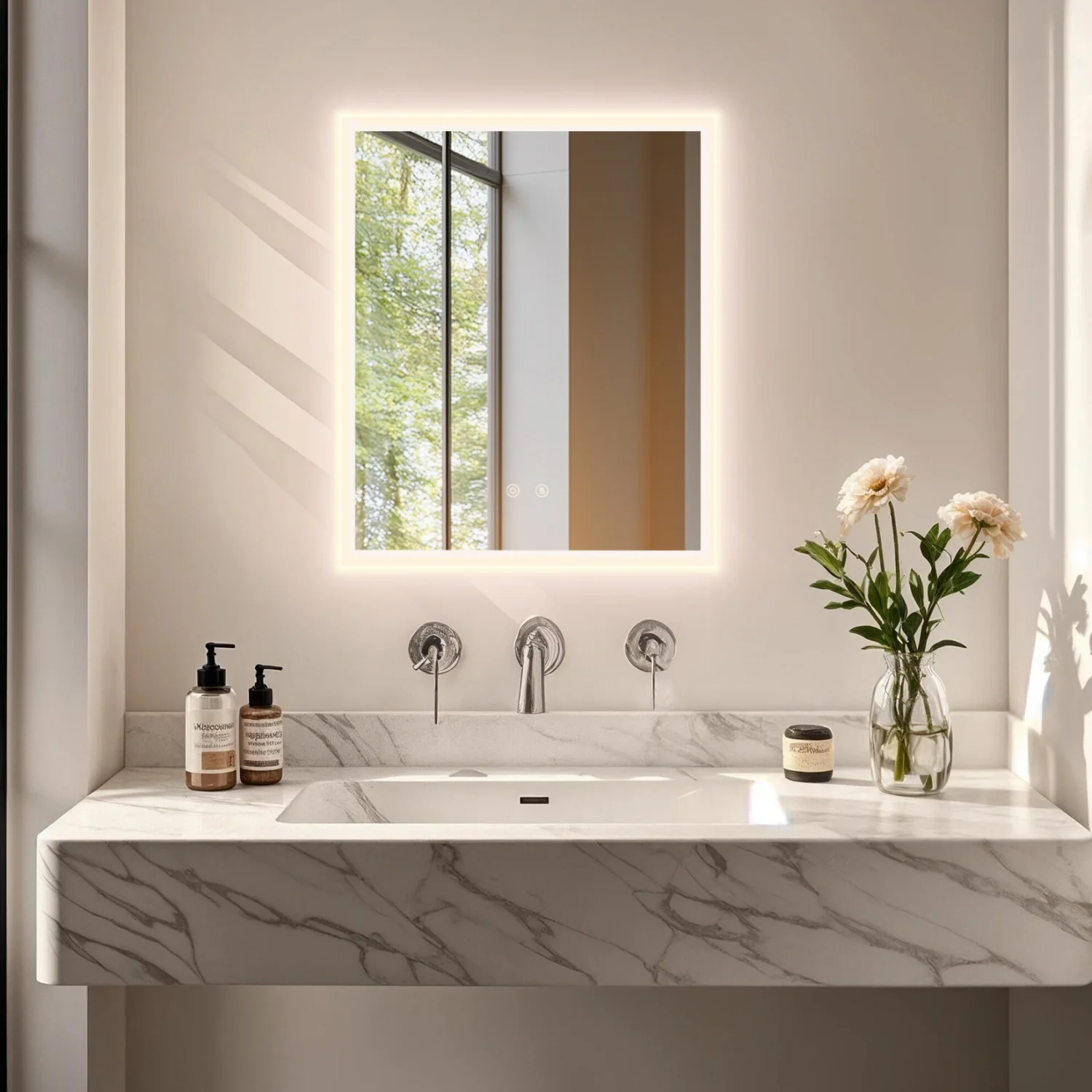 50/60/70/80CM Rectangle LED Bathroom Mirror Backlight Anti-fog Three Colors Temperature Vanity Mirror for Shaving Makeup