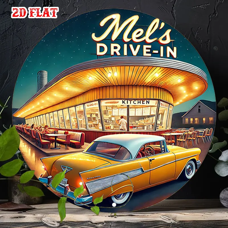 2D Flat - Round Sign Featuring Mel'S Drive-In in a 2D Flat Design, Showcasing a Night Scene. This Retro Diner Sign Measures 7.87