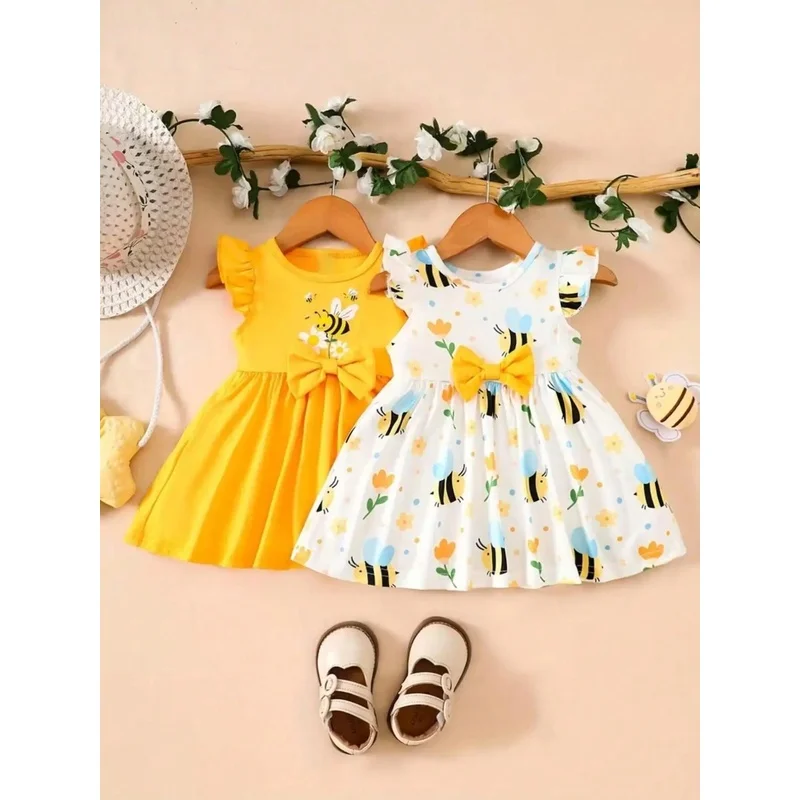Girls Heart-Shaped Pattern Casual Summer Dress Polyester Comfortable Skirt Children's Fashionable Clothing