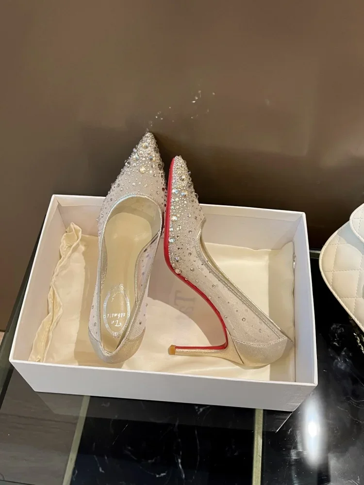 

Белые свадебные туфли с сеткой, легкие роскошные модные женские туфли на тонком каблуке с острым носком, одинарные туфли