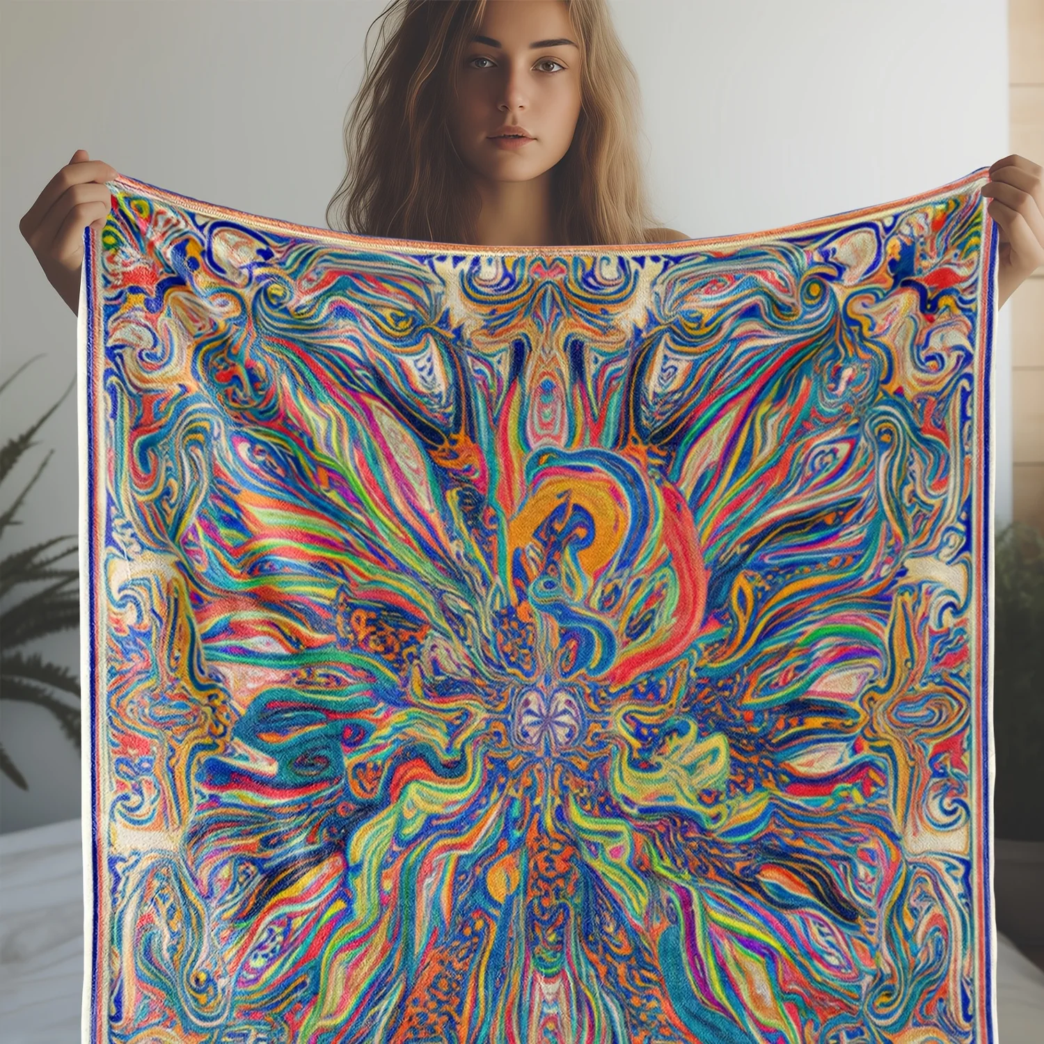 1pc Zeal Lily Flannel Blanket - Soft Warm All-Season Multicolor Abstract Mandala Print Throw with Psychedelic 60s/70s Retro Desi