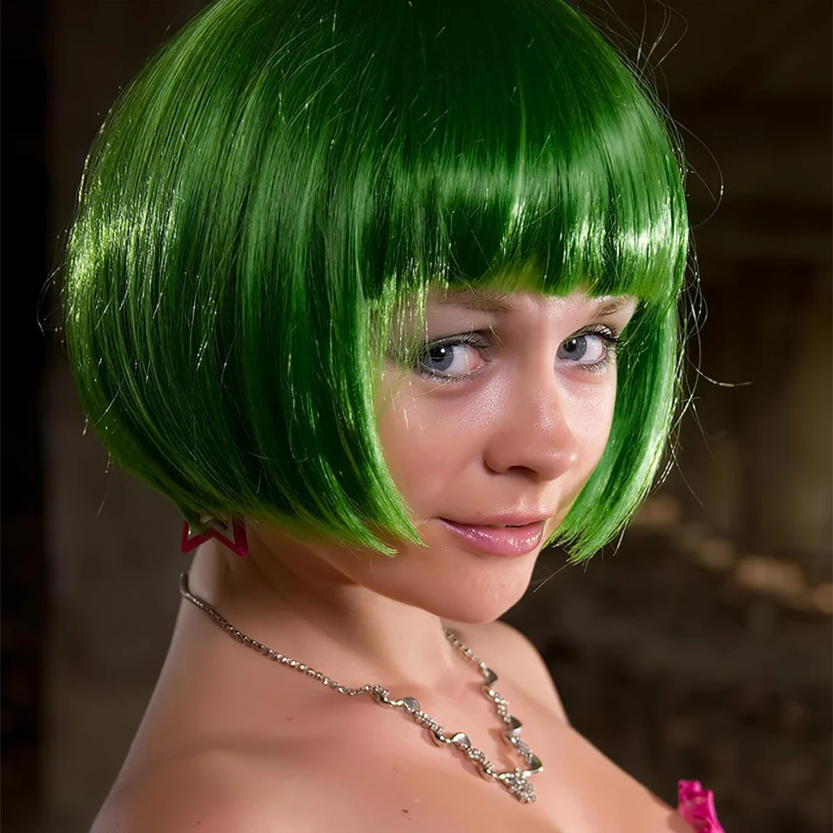 12 Inch/30 cm Fashion Lady Short Straight Flat Bangs Bob Synthetic Wig (Green)