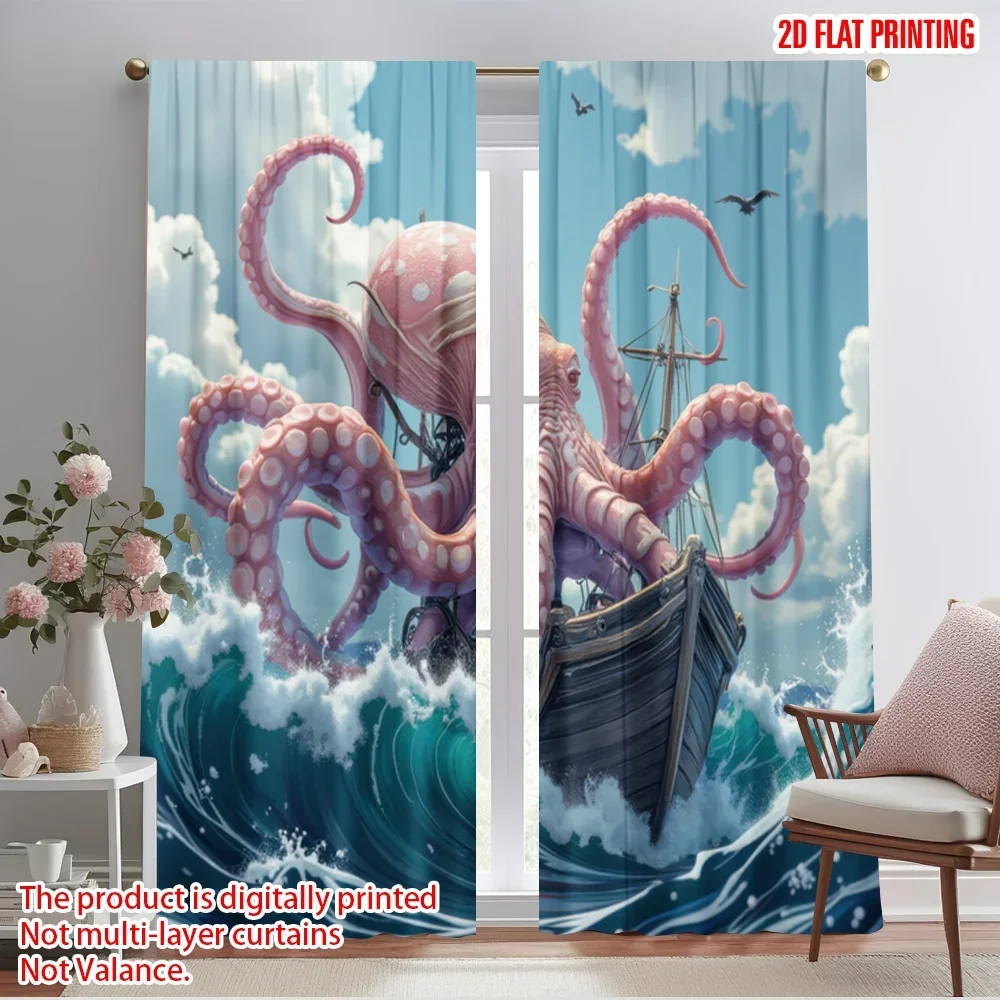 2pcs,2D plane printing Curtains Digital Printed Krakens Embrace Versatile Durable Polyester (without rod) Outdoor Decorations