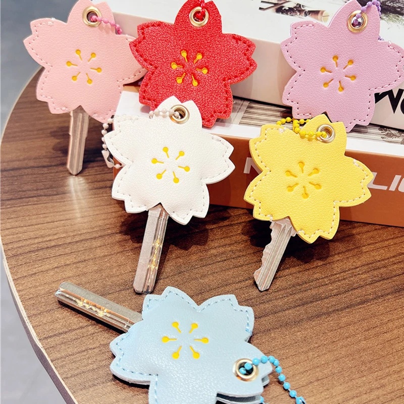 Creative Flower Shape Key Cover Solid Color PU Leather Elevator Card Protective Case For Women's Car Key Holder Caps Accessories