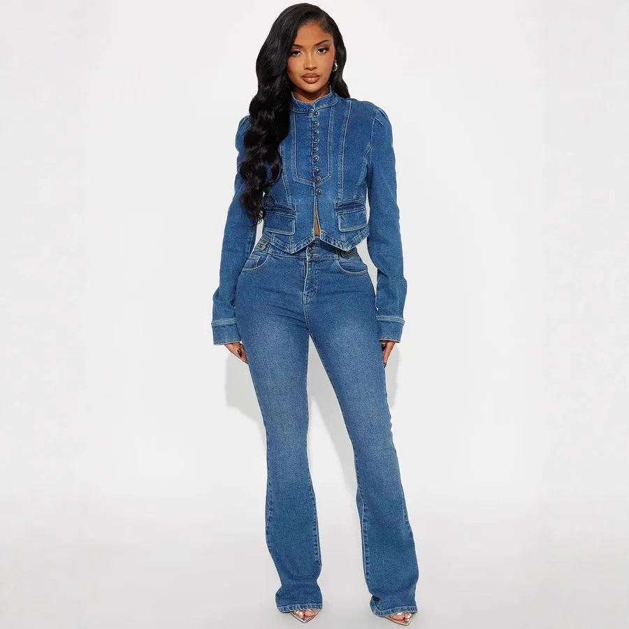 

Streetwear Jeans Pants Outfits Sexy Women Two Pieces Elegant Denim Club Matching Set Jacket+Trousers