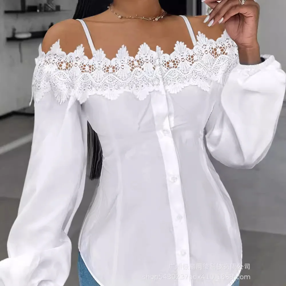 Women's Lace Stitching Long-Sleeved Shirt Slash Neck Solid Color Singel Breasted Button Shirts Blouse Top