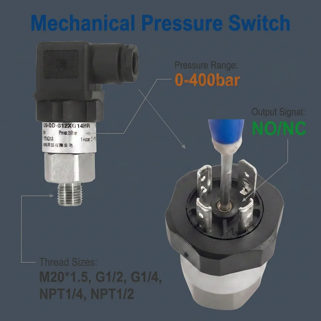 1-16bar Mechanical Pressure Switch 0-200bar 10-100bar NO+NC Water Pump Air Oil Pressure Control 0.1-2bar G1/4 Hydraulic 10bar