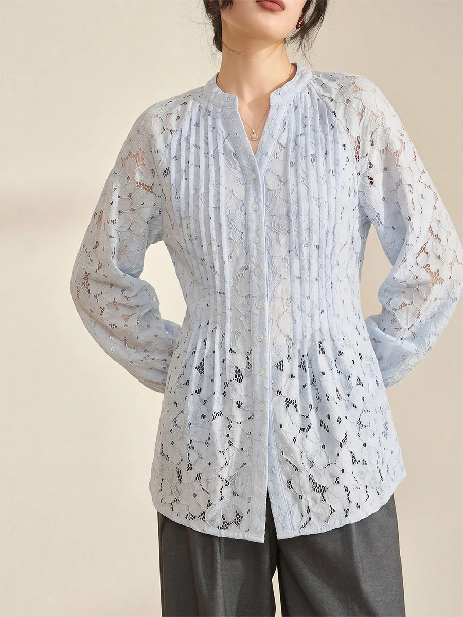 

Синяя вышитая блузка с длинным рукавом для женщин: уникальная, красивая, модная, для повседневной носки, из смесового полиэстера и льна, свободного кроя.