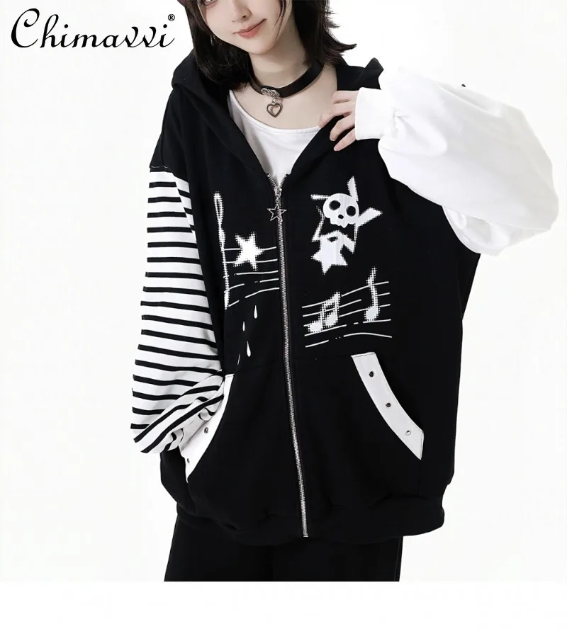 Japanese Style Black and White Striped Rock Print Star Casual Set Autumn New Fashion Long Sleeve Coat Pants Student Outfits