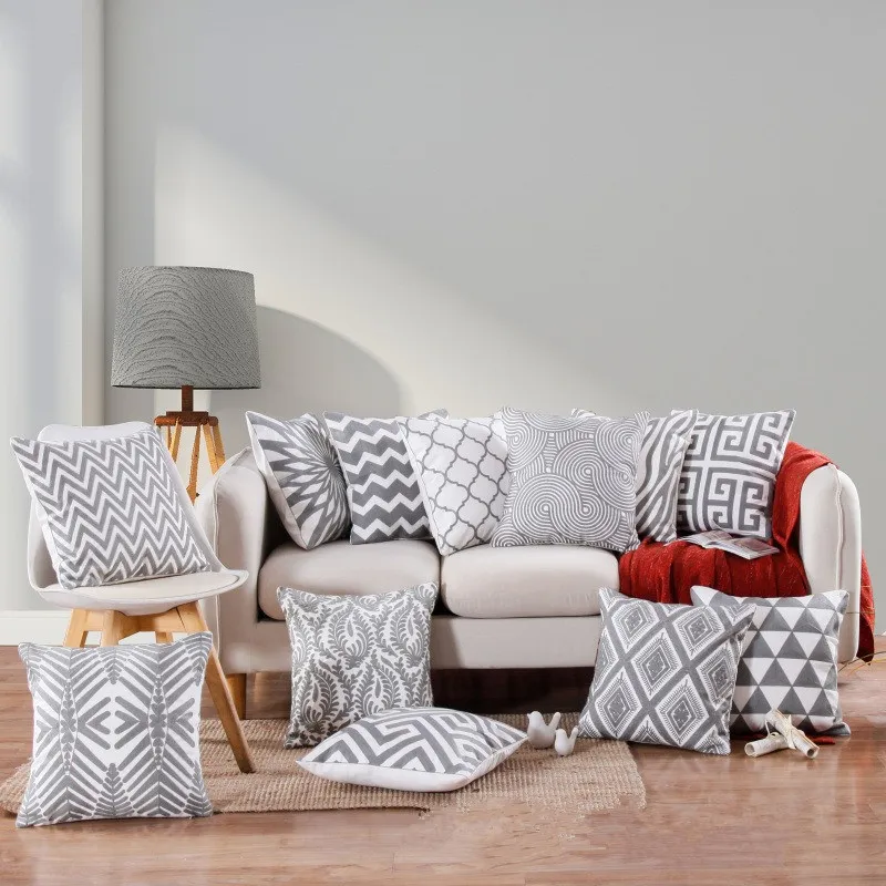

45x45cm Grey Color Cotton Embroidery Sofa Cushion Cover Office Waist Home Decoration Throw Pillowcase