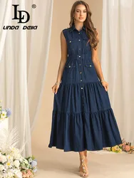 LD LINDA DELLA Autumn Women's Fashion Commuter Dress Turn-Down Collar Sleeveless Denim Single-Breasted Solid Color Dresses