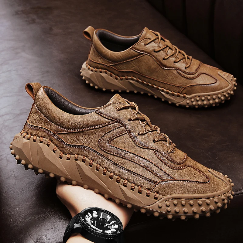 

2025 new plus size men's casual shoes, thick soled leather shoes, hand sewn loafers, fashionable men's shoes