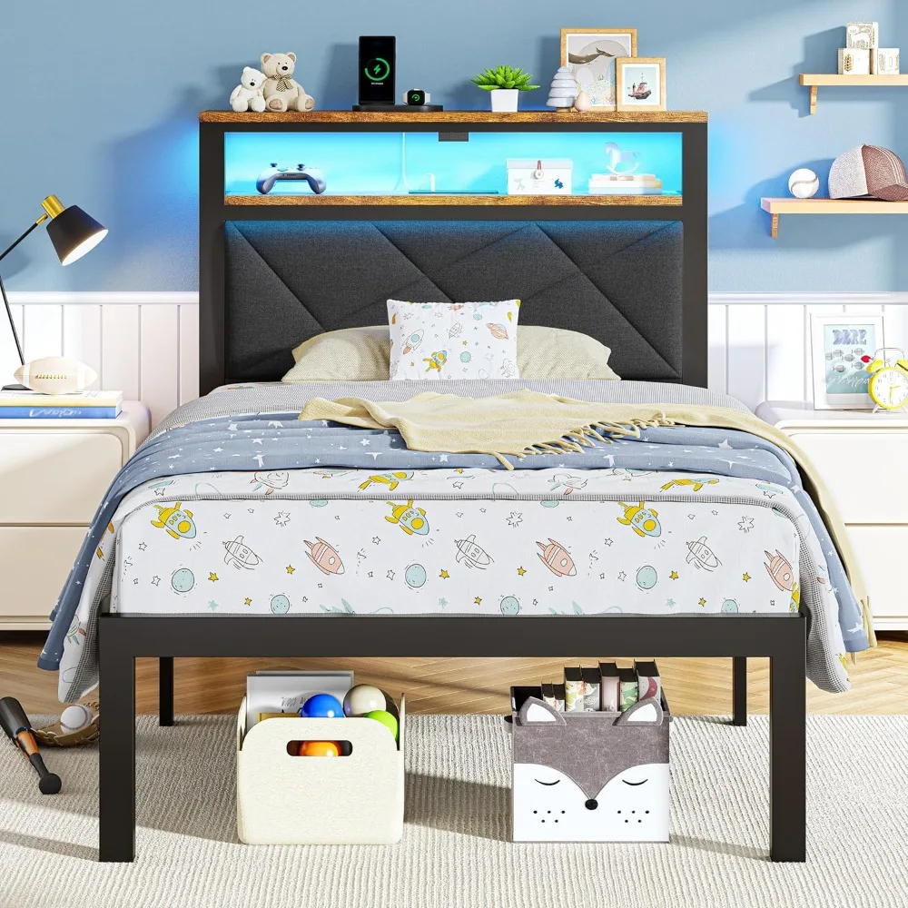 

Twin Bed Frame with LED Headboard & Built-in USB Charging Station, Linen Upholstered Backrest Metal Bed with 2-Tier Shelves