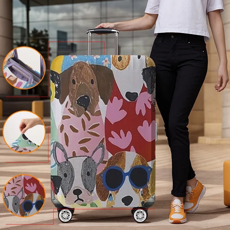 Colorful dog collage pattern luggage protection cover, suitable for 18-32 inch luggage covers, luggage handle gloves, travel acc