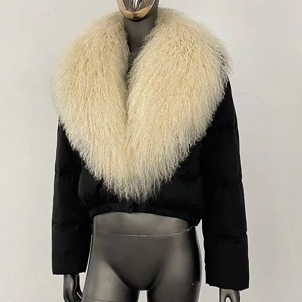 

Jaxmonoy 2025, новая зимняя одежда, женская куртка из натурального монгольского овечьего меха с воротником, белое пальто на утином пуху, женская модная короткая куртка-пуховик