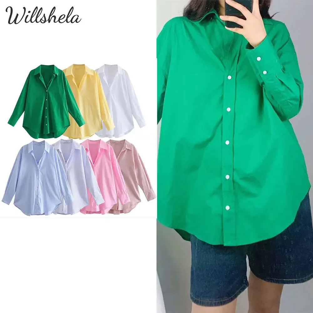 Willshela Women Summer Basic Multicolour Loose Shirt Lapel Collar Long Sleeves Female Chic Lady Oversize Blouse