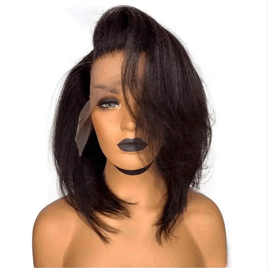 

180Density Soft Short BobYaki Kinky Straight Black Lace Front Wig For Women Babyhair Preplucked Heat Resistant Glueless