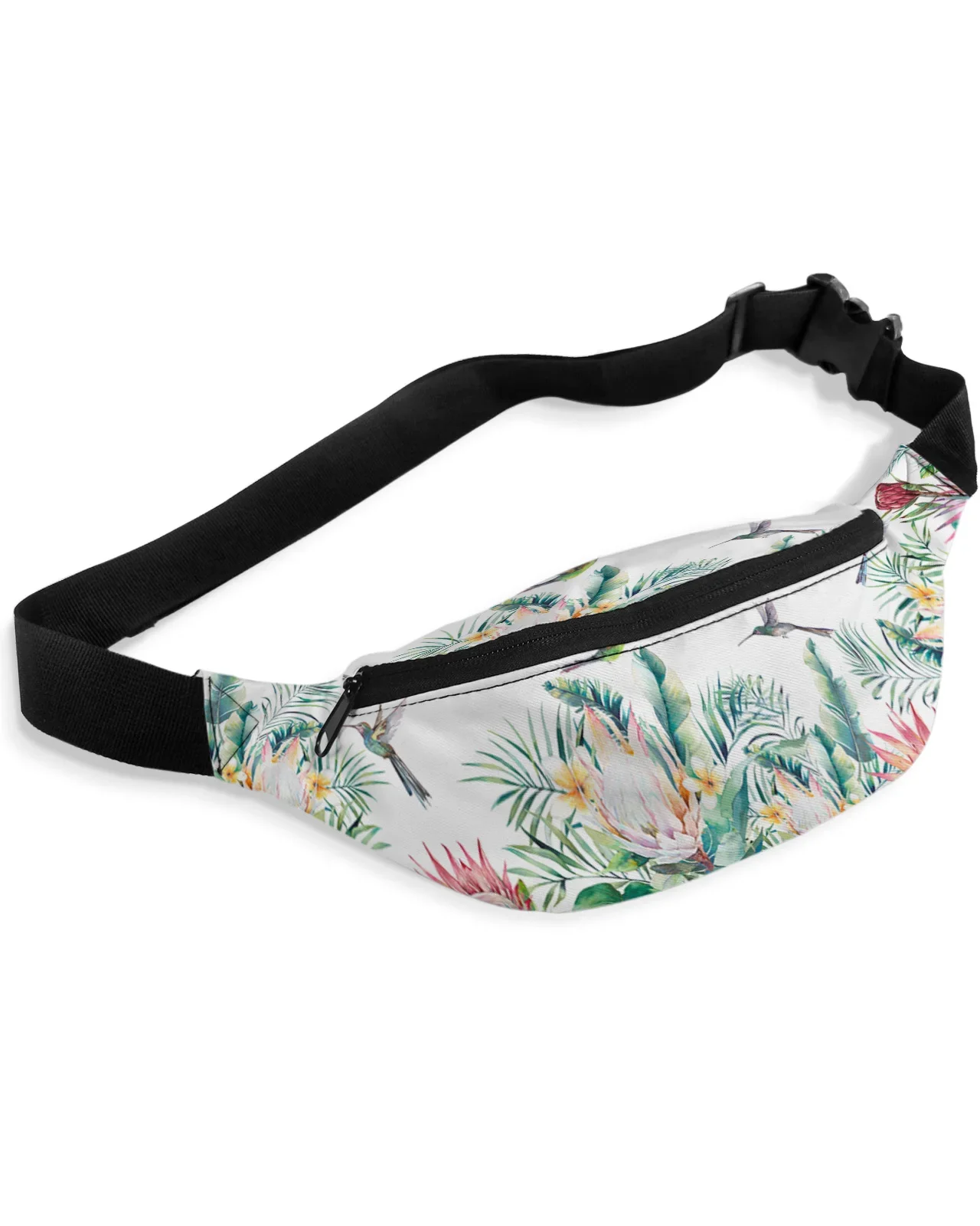 Impermeável Banana Hip Bags para Homens e Mulheres, Fanny Pack, Belt Bag, Bolsa Carteira, Plantas Tropicais, Flores, Beija-flores, Idílico