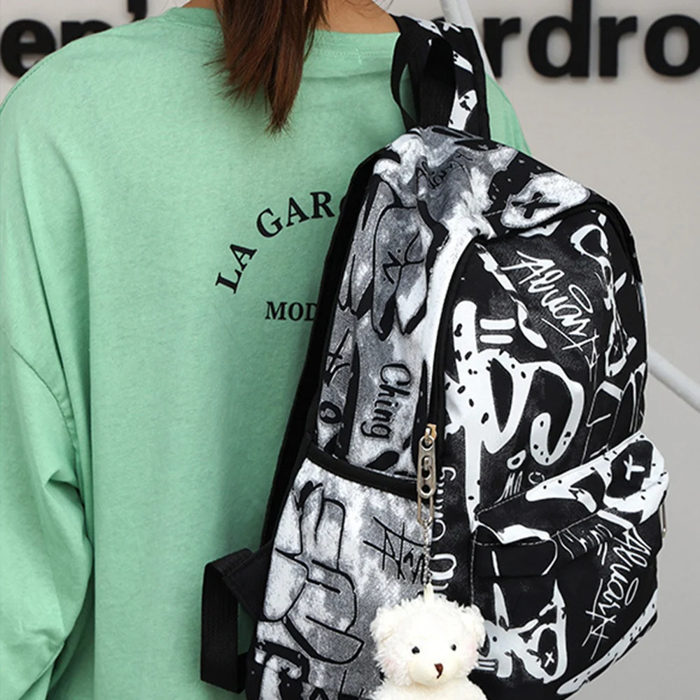 Casual Nylon Women's Backpack Graffiti Printing Waterproof Shoulder Bag Large Capacity Students Backpack Students