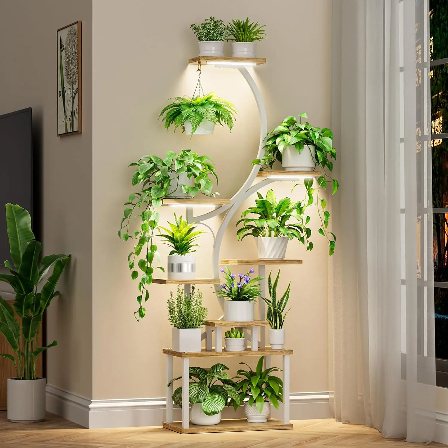 

8-Tier Indoor Plant Stand with Grow Lights, 62" Tall Metal S-Shaped Shelf for Multiple Plants in White