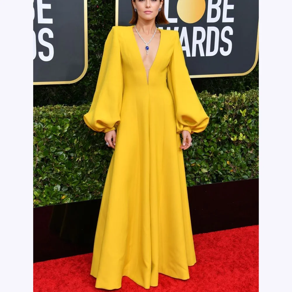 

Yellow Jersey Evening Dresses Sexy Deep V Neck Full Sleeves A Line Prom Gown Model Show Red Carpet Formal Long Dress Customized