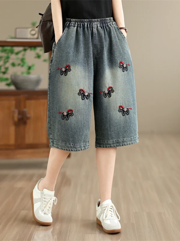 

Artistic Loose Fit Washed Jeans Embroidered 6-Piece Women's Jeans Casual Style Elastic Waist Cotton Material Summer Season