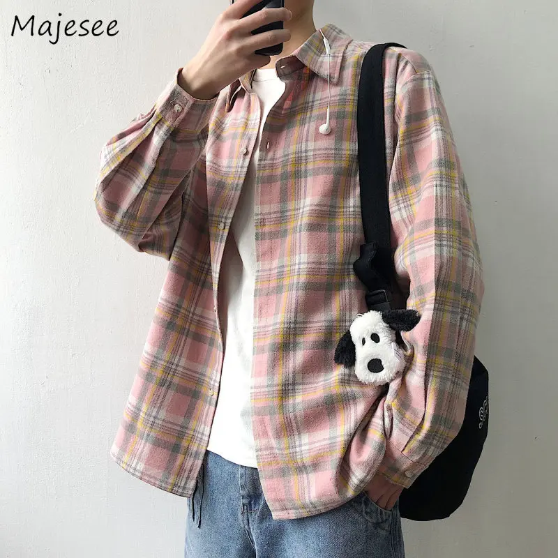 

Plaid Preppy Shirts Men Long Sleeve Clothing Lounge BF College Unisex Popular Streetwear Camisa Cool Handsome All-match Harajuku