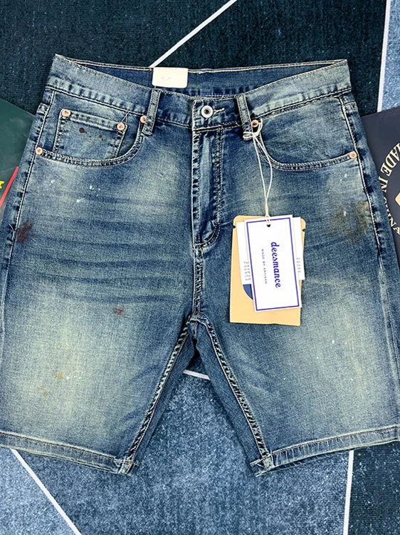 

Retro Faded Pure Cotton Men's Casual orts American Sle Straight Leg Four Five Split mid Waist Jeans Summer Trend