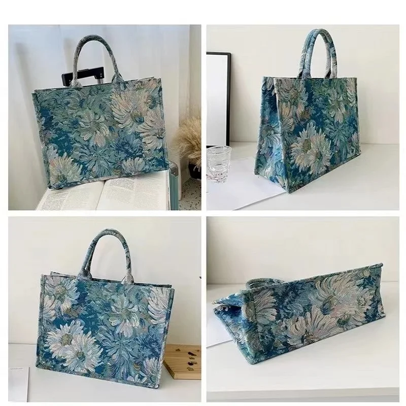 Bolso de lona para viaje para mujer, bolsa de hombro informal de gran capacidad, bolsa de compras, bolsa de diseñador de marca con patrón de flores