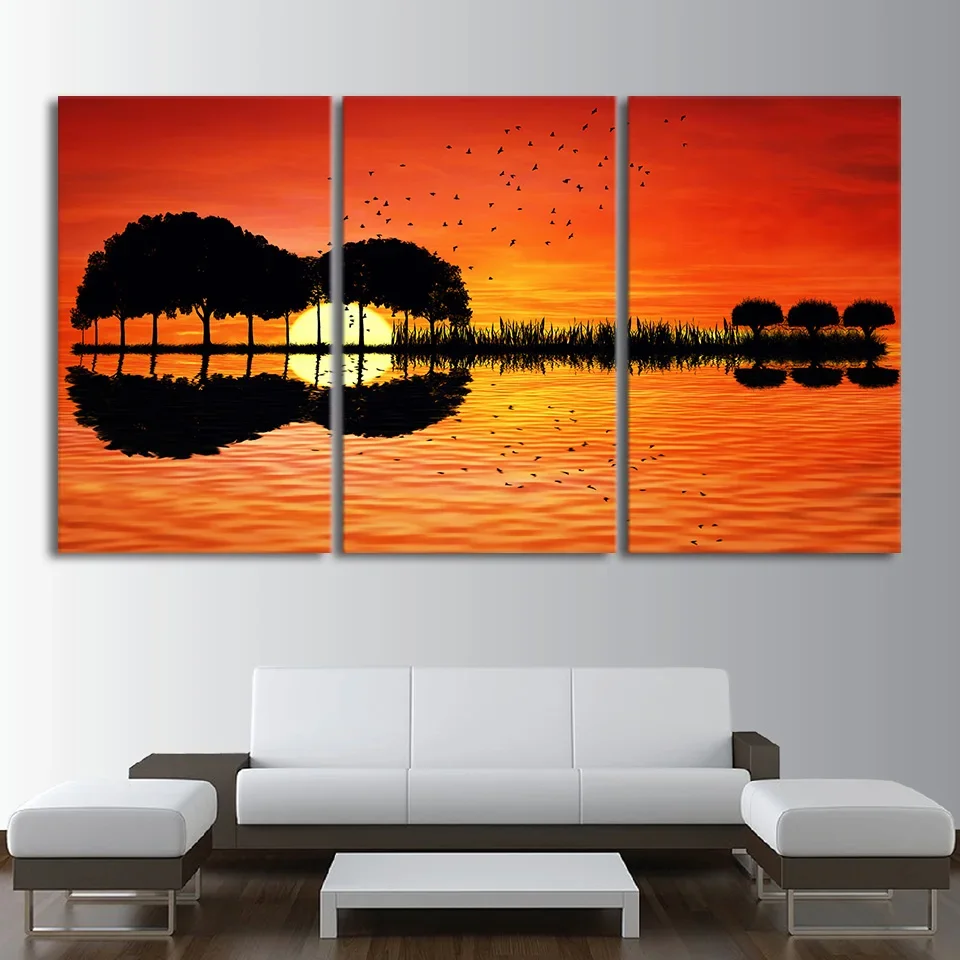 3 Panel Guitar Tree Lake Sunset Posters Wall Art Pictures HD Canvas Home Decor Posters Paintings Living Room Bedroom Decoration